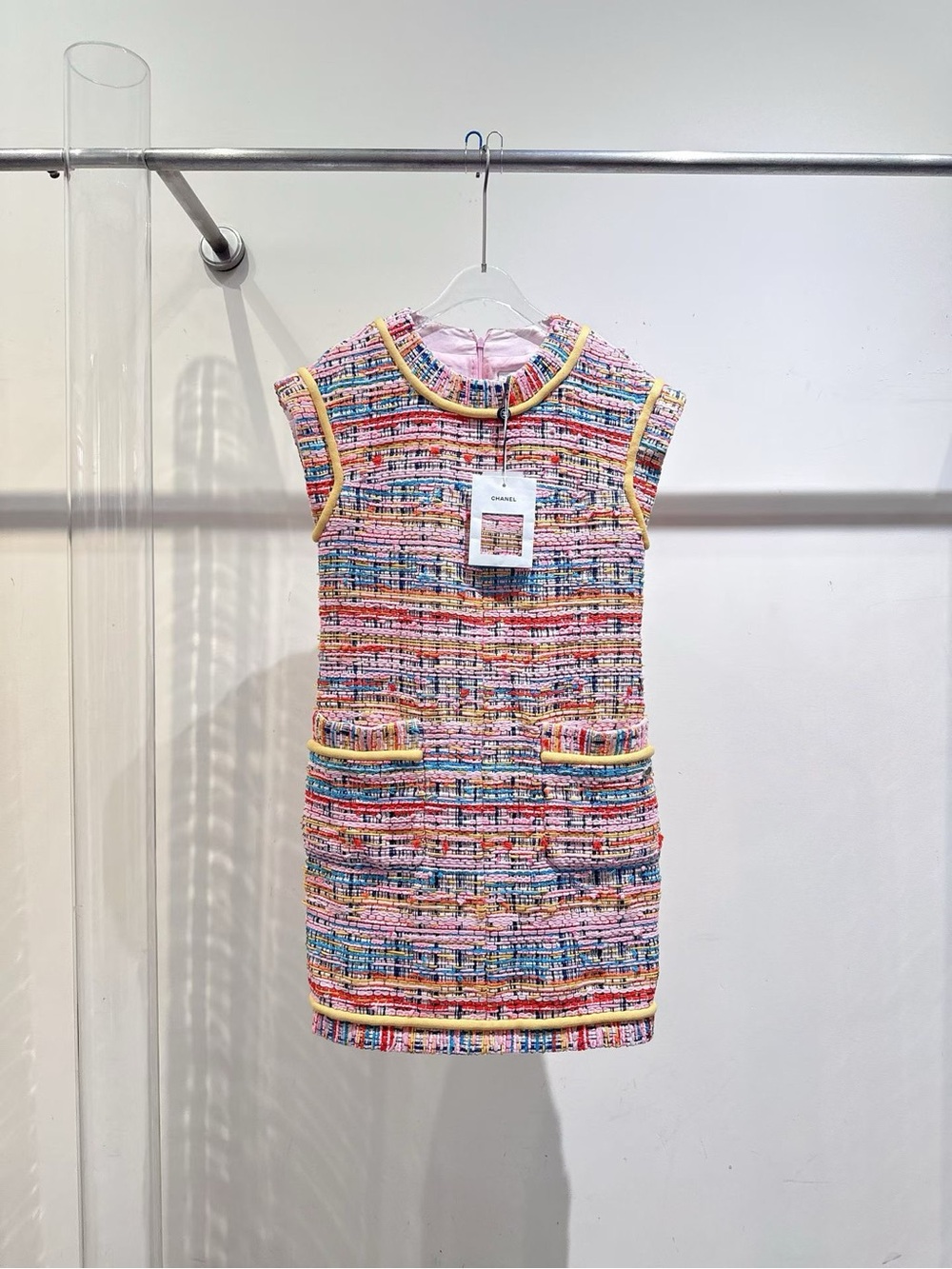 CHANEL Multicolor Tweed Shift Dress with Yellow Trim Accents
